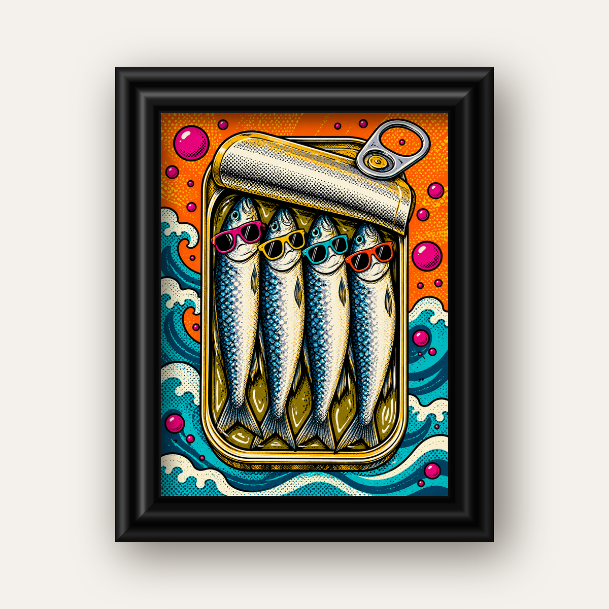Pop Art Gözlüklü Sardalya Konservesi Poster — siyah galeri çerçeveli