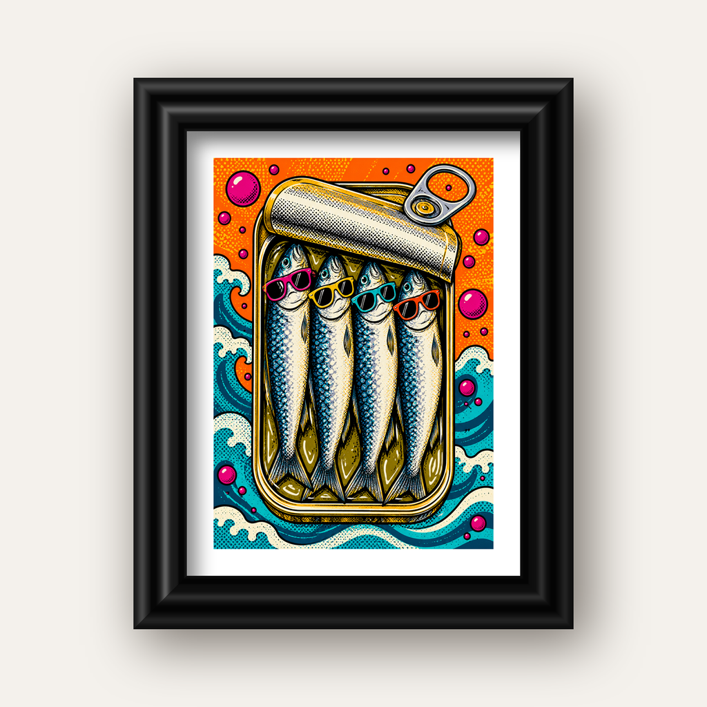 Pop Art Gözlüklü Sardalya Konservesi Poster — siyah galeri çerçeveli paspartulu
