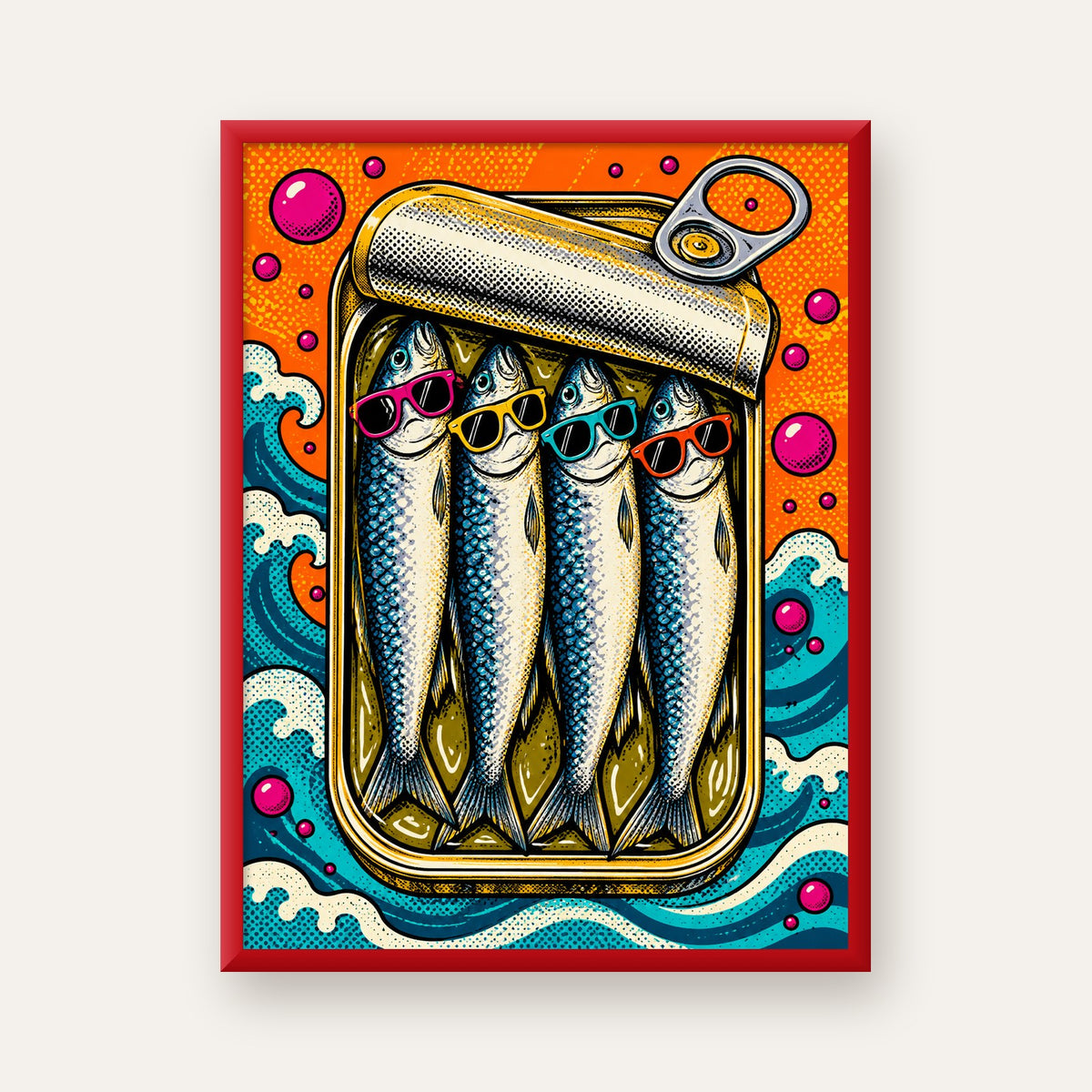 Pop Art Gözlüklü Sardalya Konservesi Poster — kırmızı çerçeveli