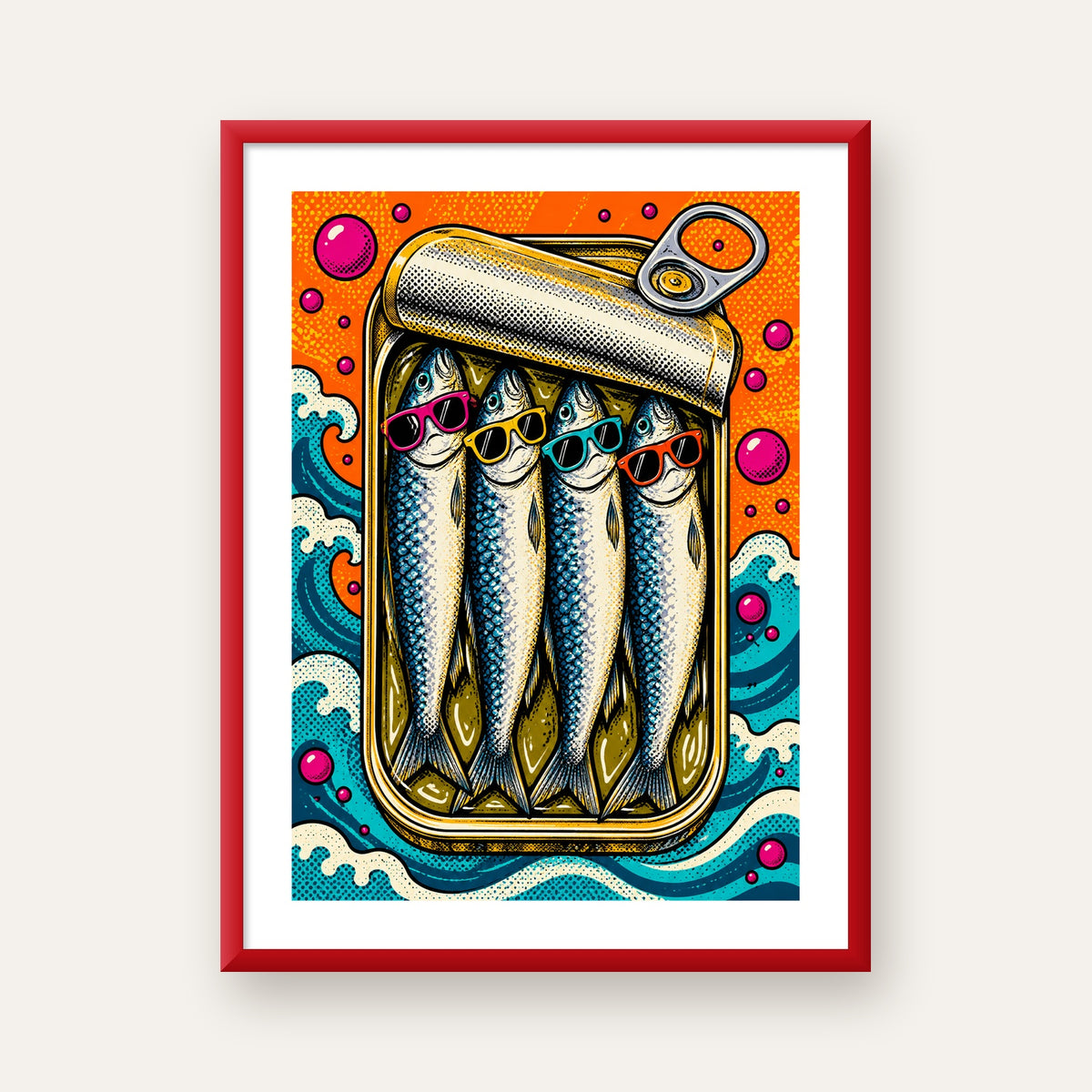 Pop Art Gözlüklü Sardalya Konservesi Poster — kırmızı çerçeveli paspartulu