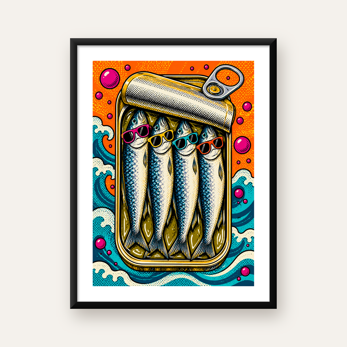 Pop Art Gözlüklü Sardalya Konservesi Poster — Dikey baskı, beyaz paspartulu