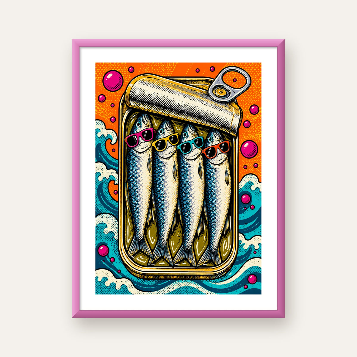 Pop Art Gözlüklü Sardalya Konservesi Poster — pembe çerçeveli paspartulu