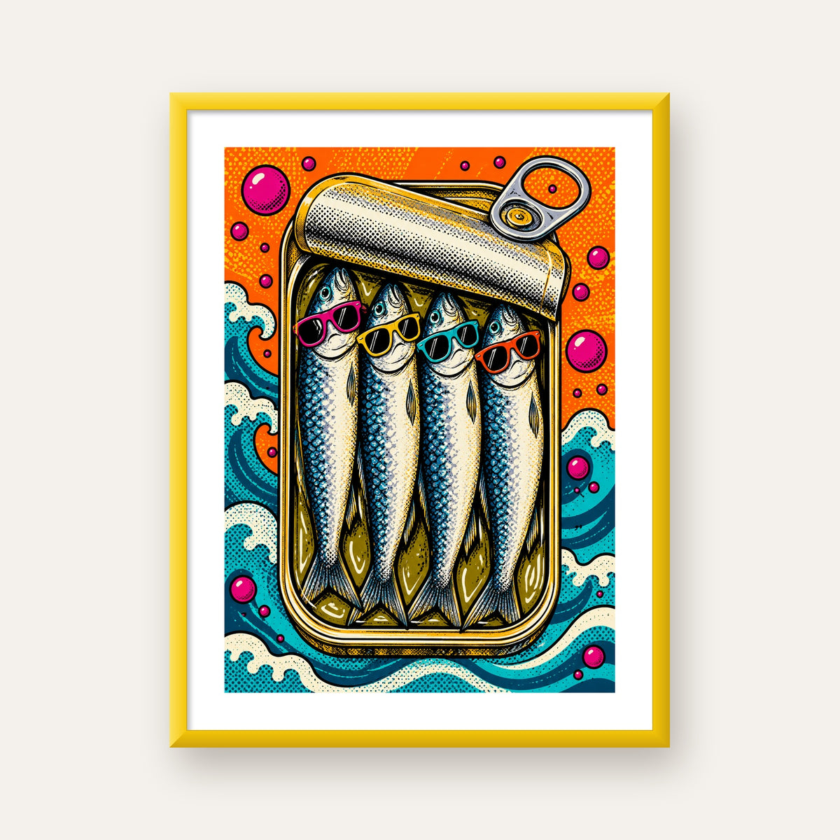 Pop Art Gözlüklü Sardalya Konservesi Poster — sarı çerçeveli paspartulu