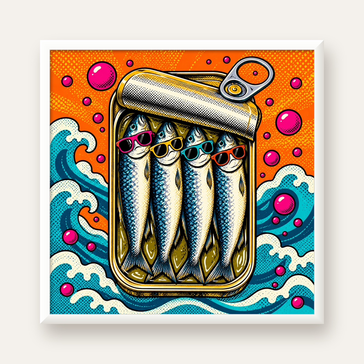Pop Art Gözlüklü Sardalya Konservesi Poster — beyaz çerçeveli kare poster