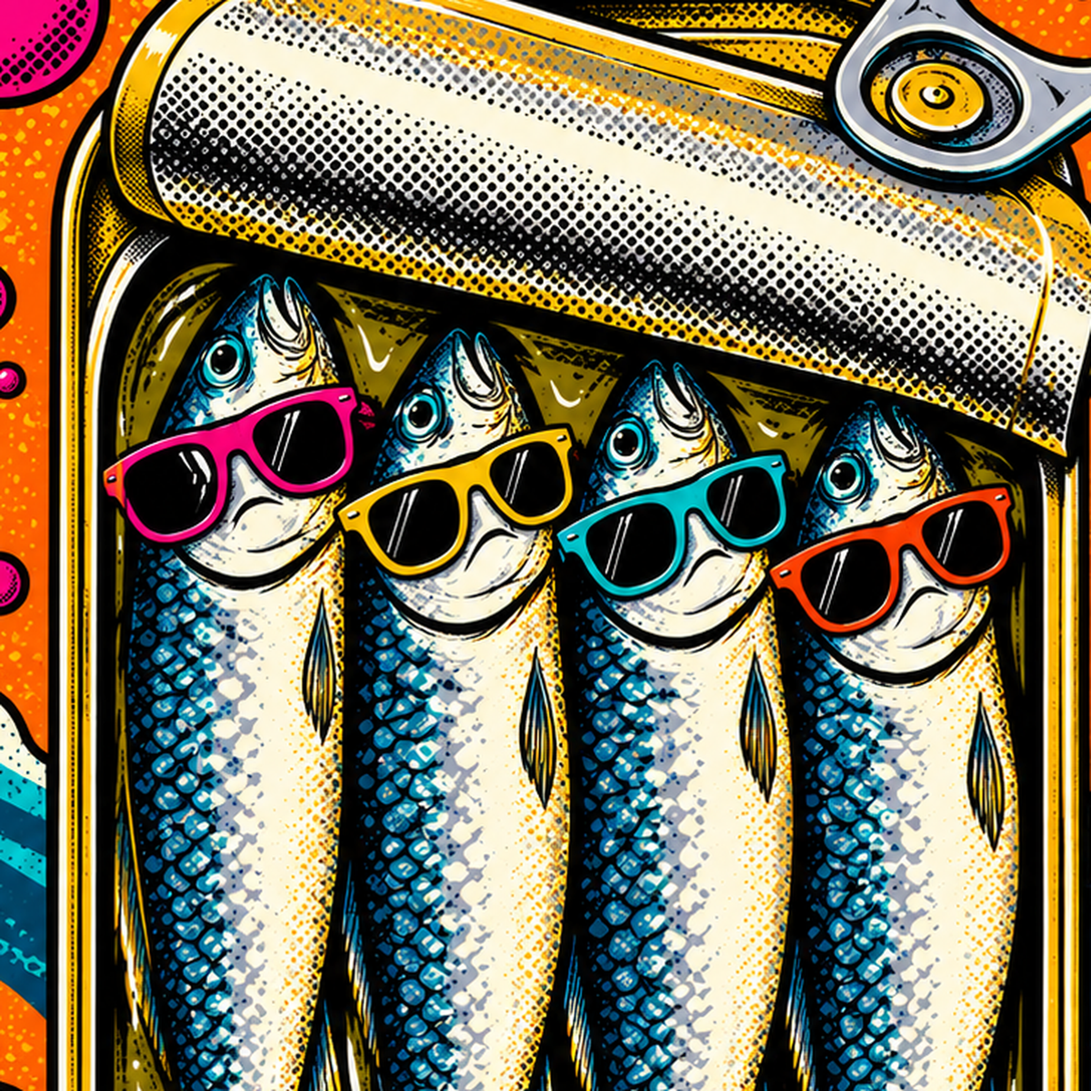 Pop Art Gözlüklü Sardalya Konservesi Poster — baskının yakın çekimi, kâğıt dokusu ve renk detayı