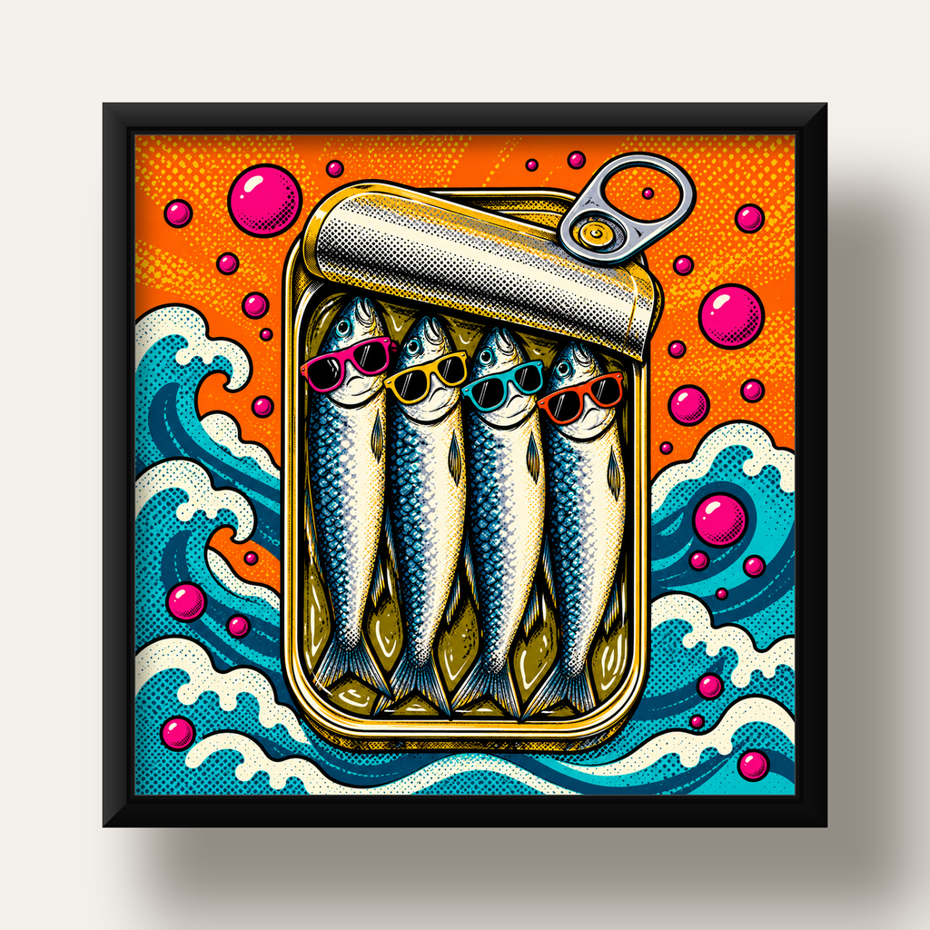 Pop Art Gözlüklü Sardalya Konservesi Poster — siyah derin çerçeveli