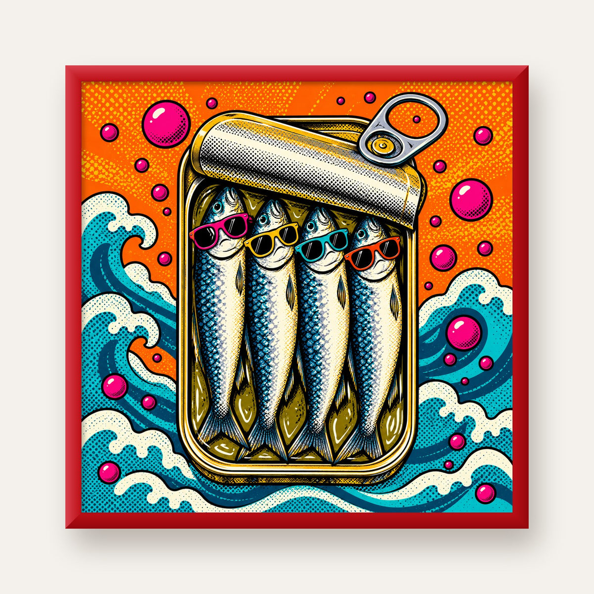 Pop Art Gözlüklü Sardalya Konservesi Poster — kırmızı çerçeveli