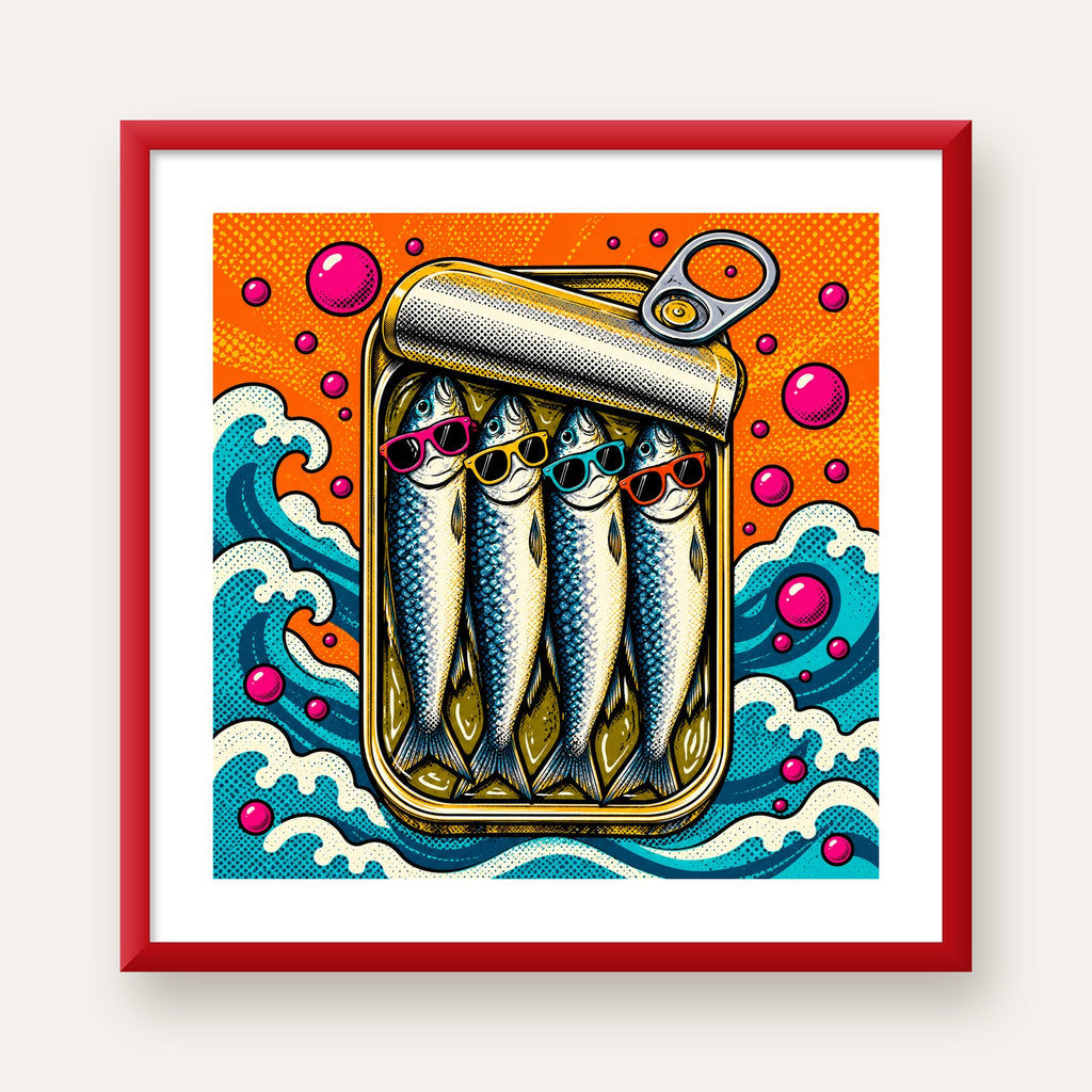 Pop Art Gözlüklü Sardalya Konservesi Poster — kırmızı çerçeveli paspartulu