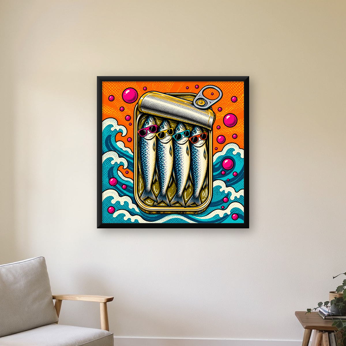 Pop Art Gözlüklü Sardalya Konservesi Poster — Kare baskı, çerçeveli hâliyle bir ev duvarında