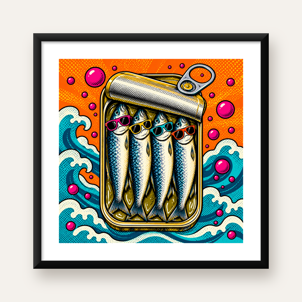 Pop Art Gözlüklü Sardalya Konservesi Poster — Kare baskı, beyaz paspartulu