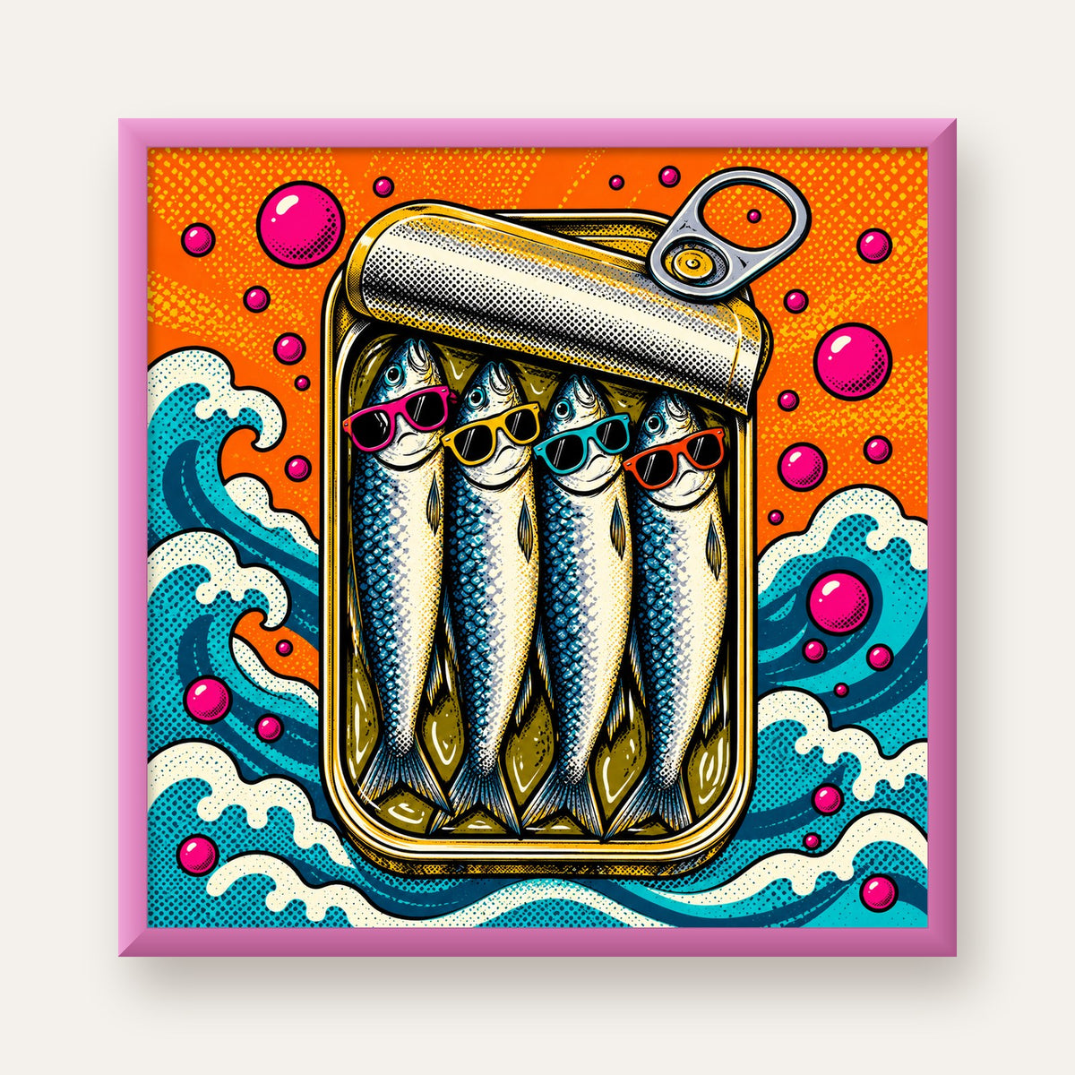 Pop Art Gözlüklü Sardalya Konservesi Poster — pembe çerçeveli