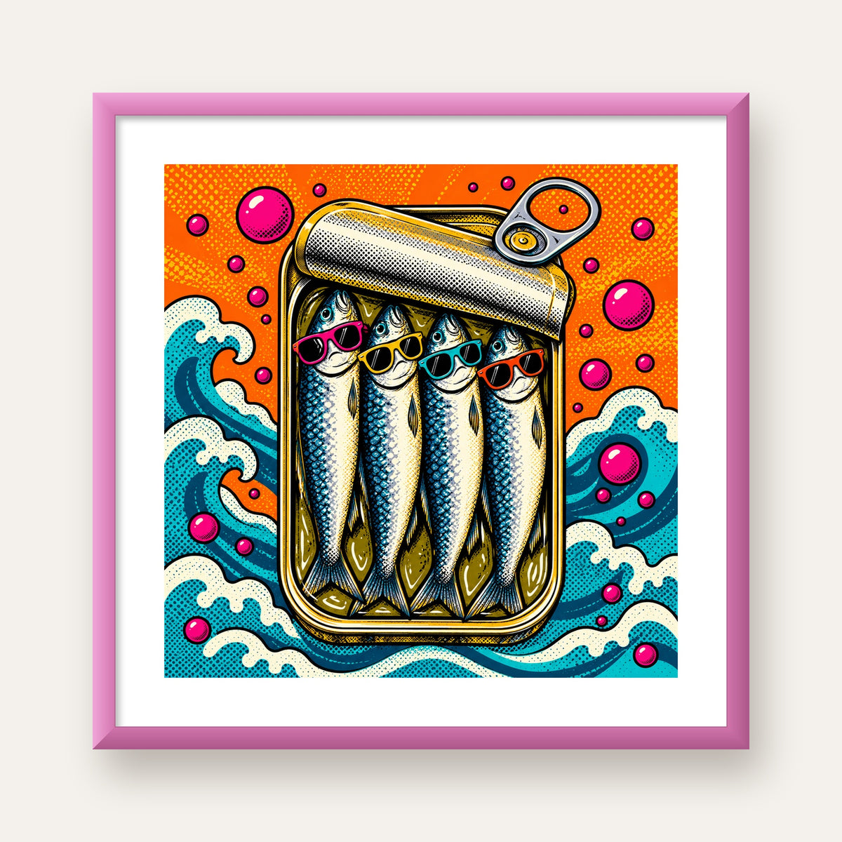 Pop Art Gözlüklü Sardalya Konservesi Poster — pembe çerçeveli paspartulu