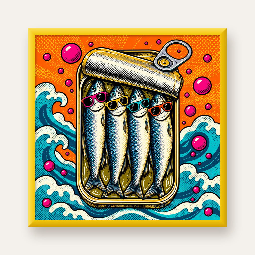 Pop Art Gözlüklü Sardalya Konservesi Poster — sarı çerçeveli