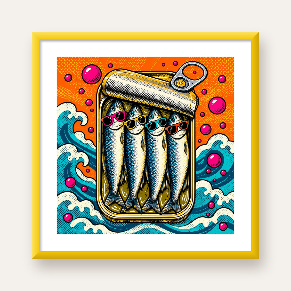 Pop Art Gözlüklü Sardalya Konservesi Poster — sarı çerçeveli paspartulu