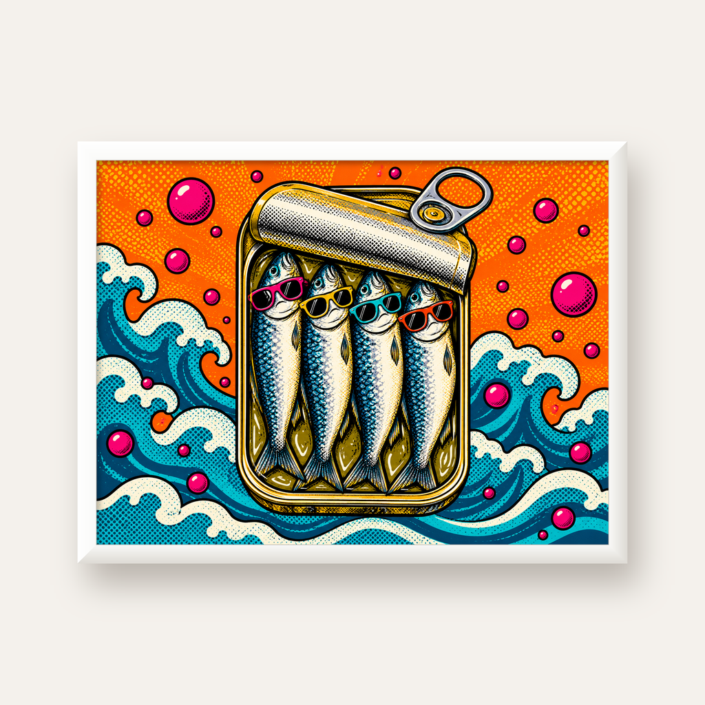 Pop Art Gözlüklü Sardalya Konservesi Poster — beyaz çerçeveli yatay poster