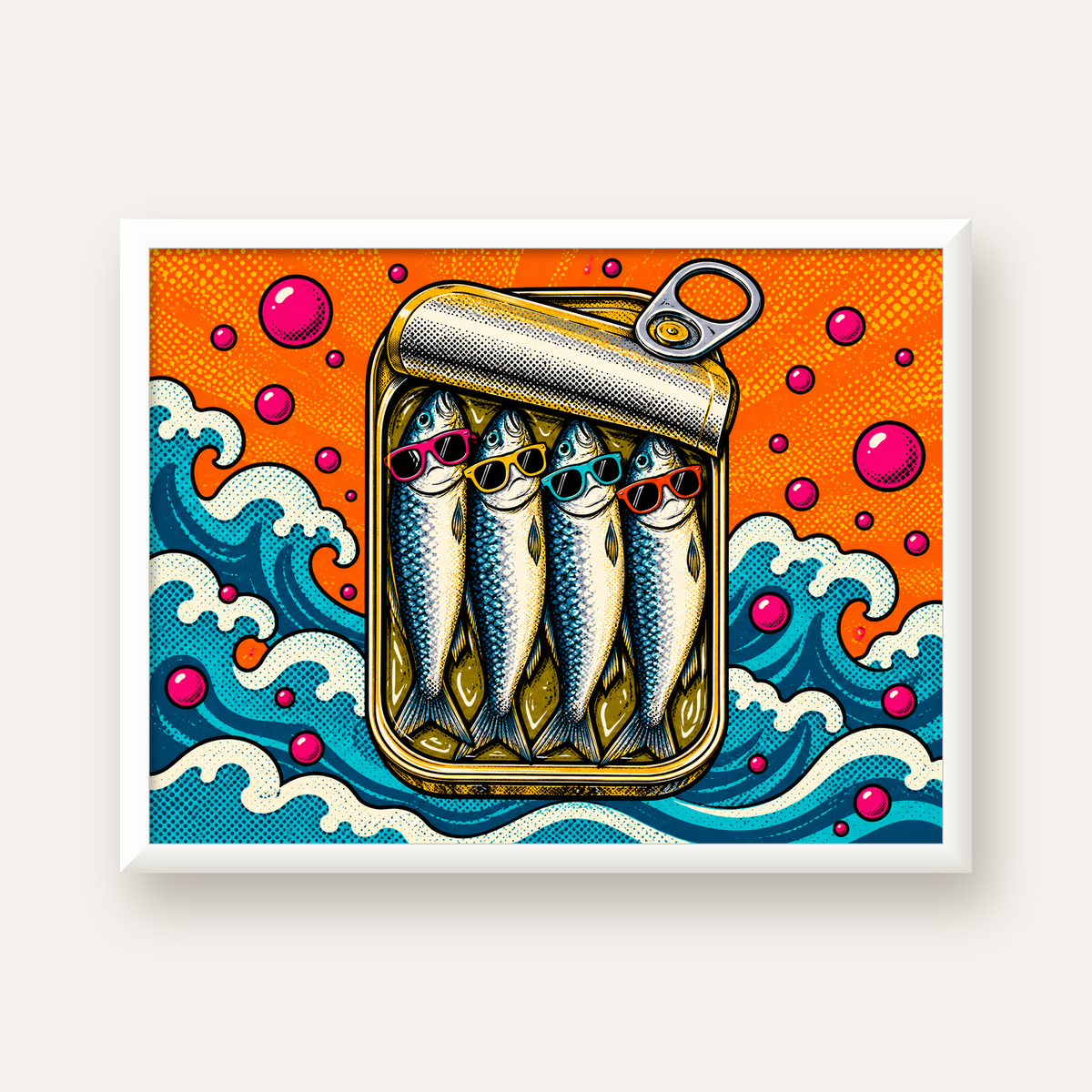 Pop Art Gözlüklü Sardalya Konservesi Poster — beyaz çerçeveli yatay poster