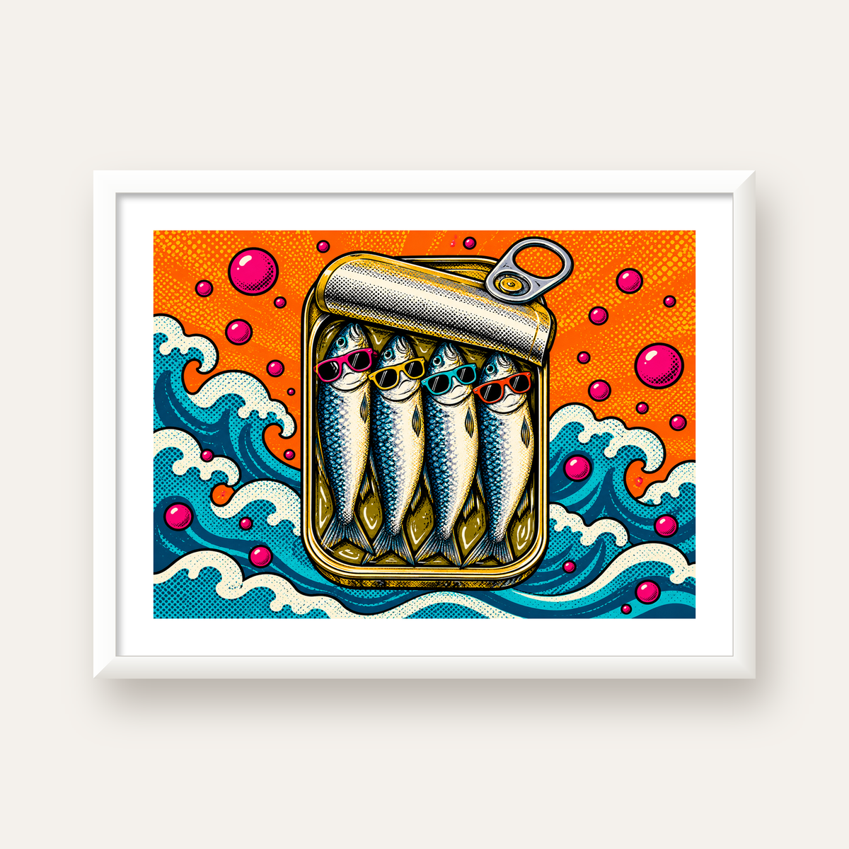 Pop Art Gözlüklü Sardalya Konservesi Poster — beyaz çerçeveli yatay poster