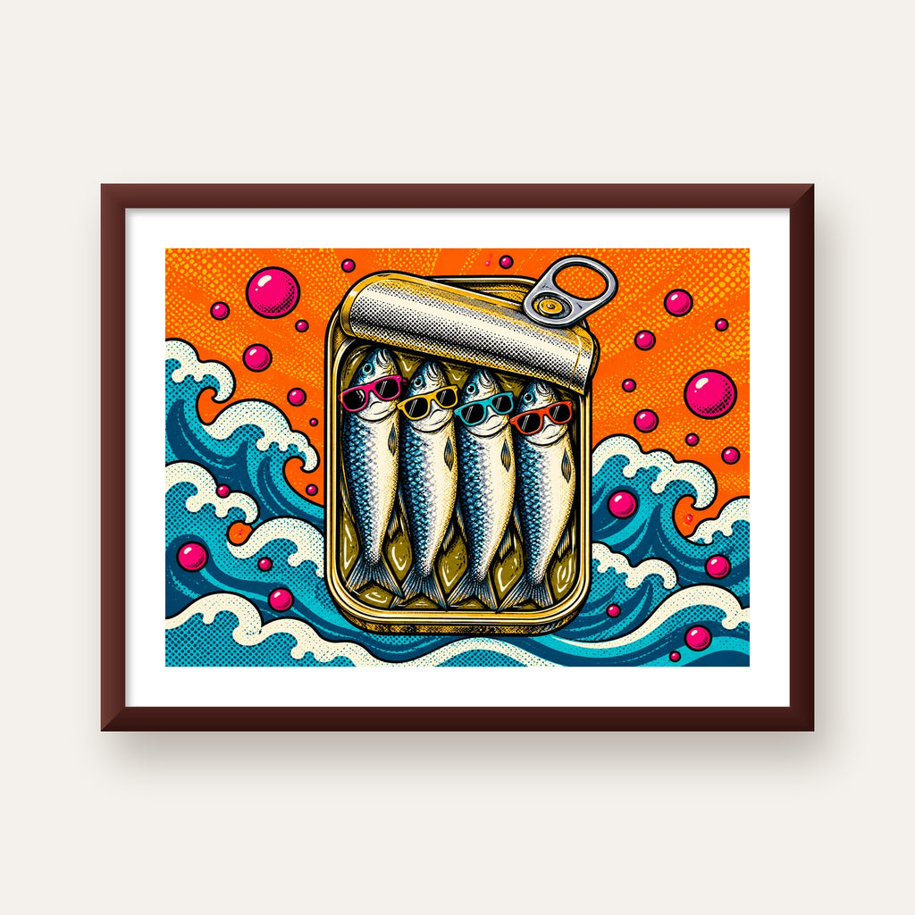 Pop Art Gözlüklü Sardalya Konservesi Poster — ceviz çerçeveli paspartulu