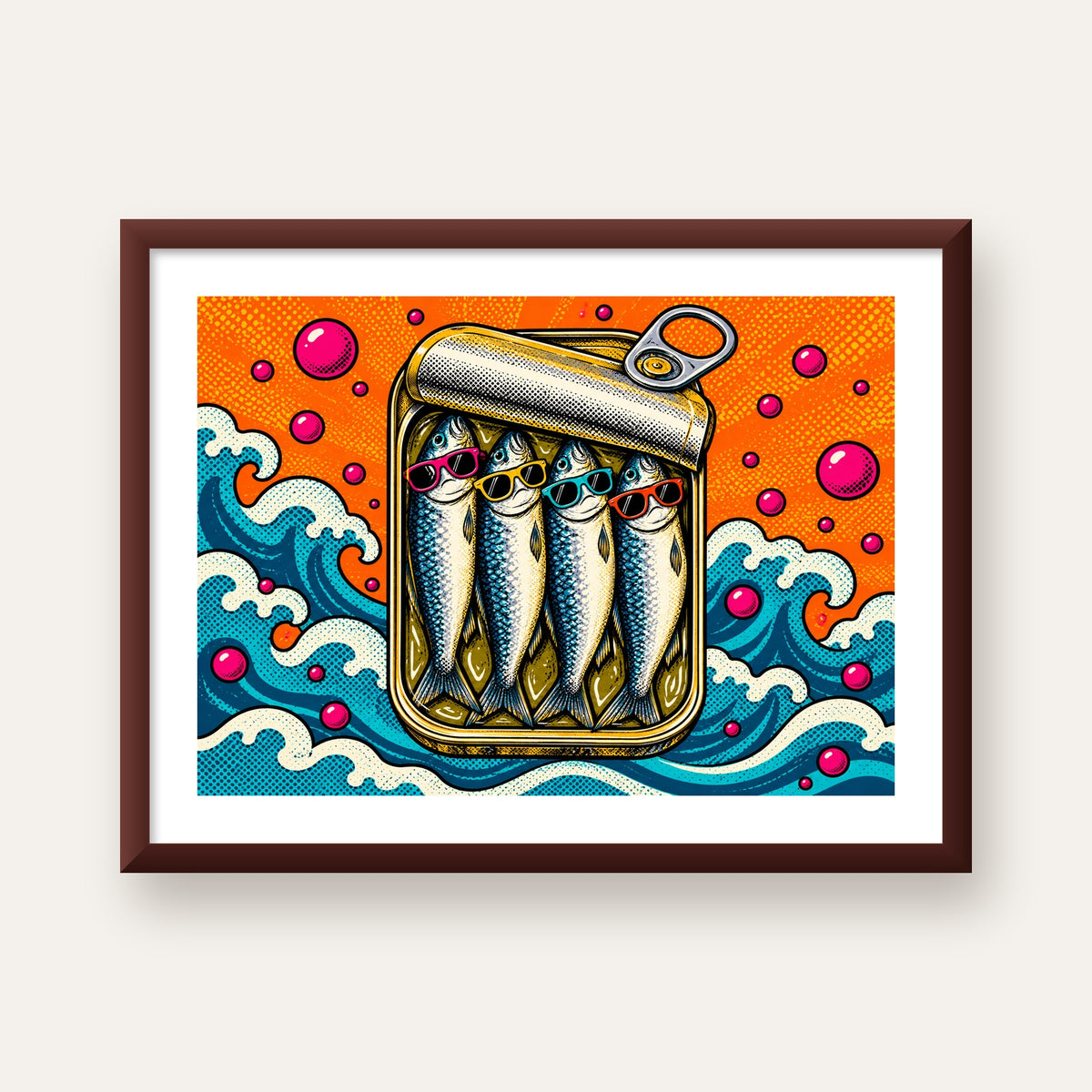 Pop Art Gözlüklü Sardalya Konservesi Poster — ceviz çerçeveli paspartulu