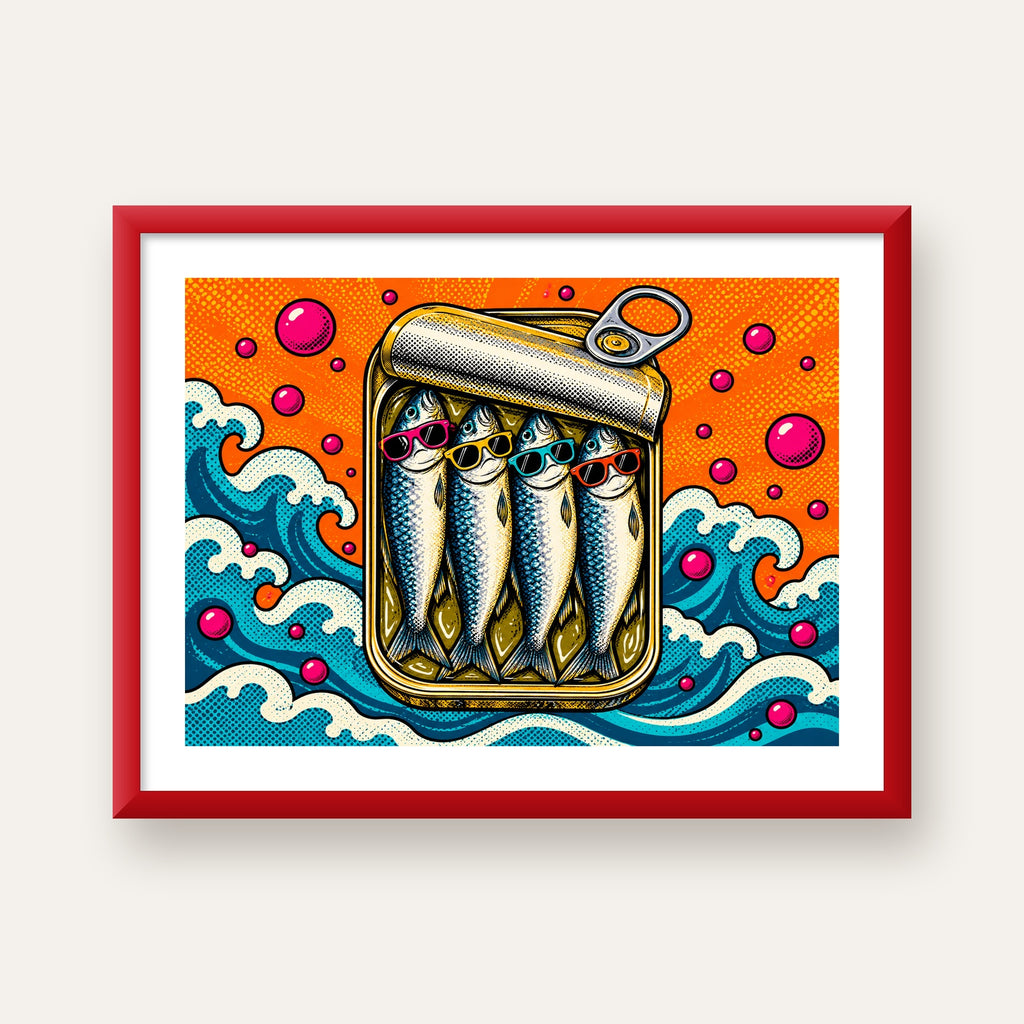 Pop Art Gözlüklü Sardalya Konservesi Poster — kırmızı çerçeveli paspartulu