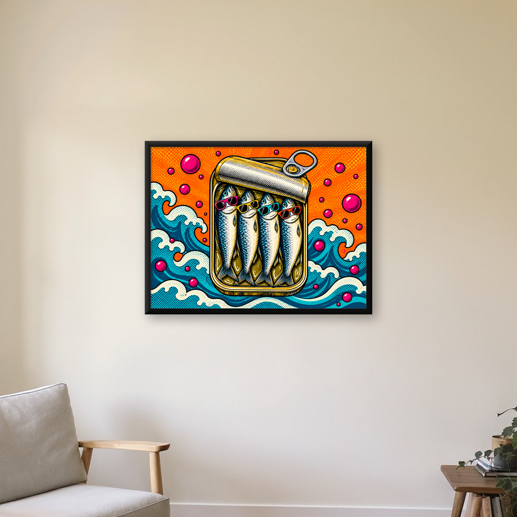 Pop Art Gözlüklü Sardalya Konservesi Poster — Yatay baskı, çerçeveli hâliyle bir ev duvarında