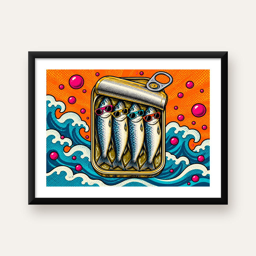 Pop Art Gözlüklü Sardalya Konservesi Poster — Yatay baskı, beyaz paspartulu