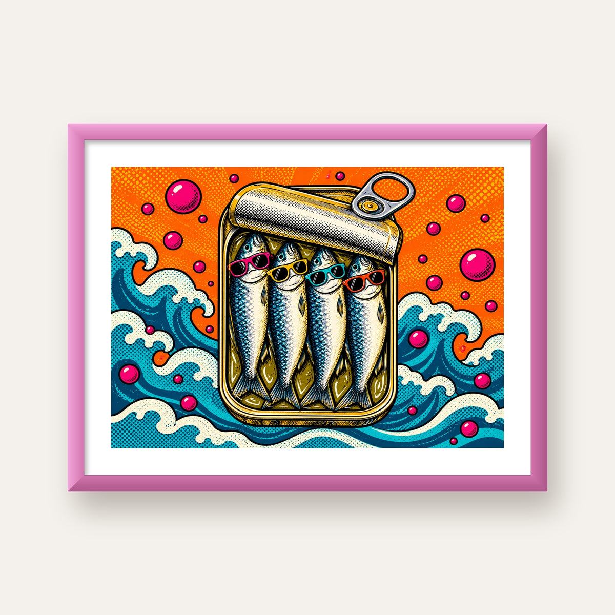 Pop Art Gözlüklü Sardalya Konservesi Poster — pembe çerçeveli paspartulu