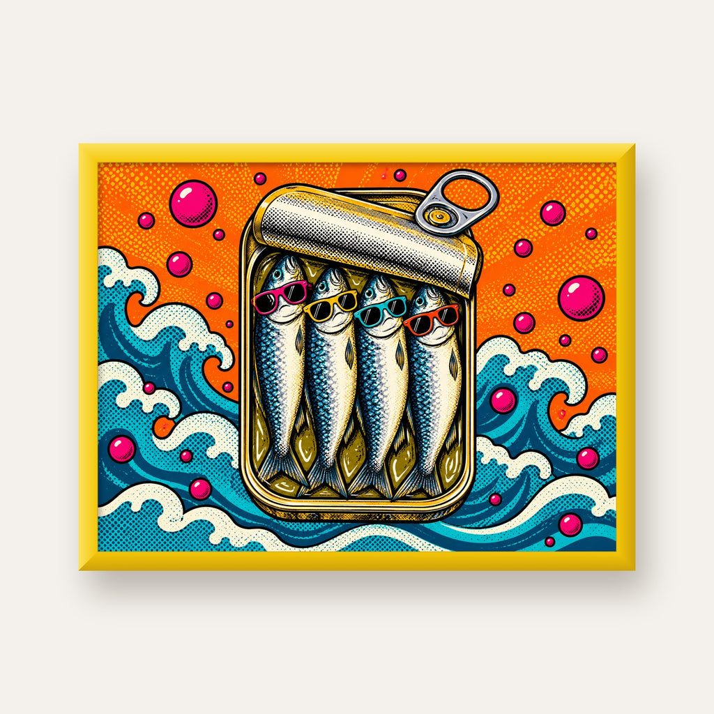 Pop Art Gözlüklü Sardalya Konservesi Poster — sarı çerçeveli