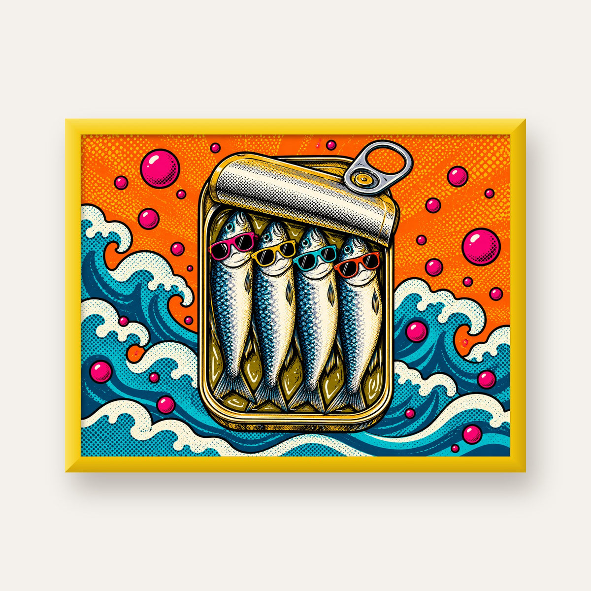 Pop Art Gözlüklü Sardalya Konservesi Poster — sarı çerçeveli
