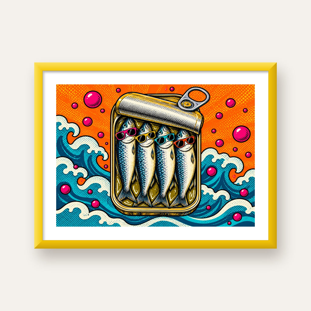 Pop Art Gözlüklü Sardalya Konservesi Poster — sarı çerçeveli paspartulu