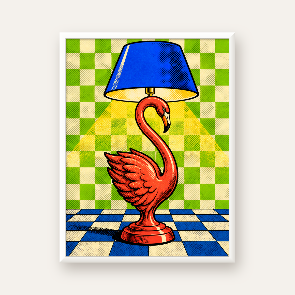 Pop Art Kırmızı Kuğu Lamba Poster – Renkli Çizgi Roman Tasarımı — beyaz çerçeveli dikey poster
