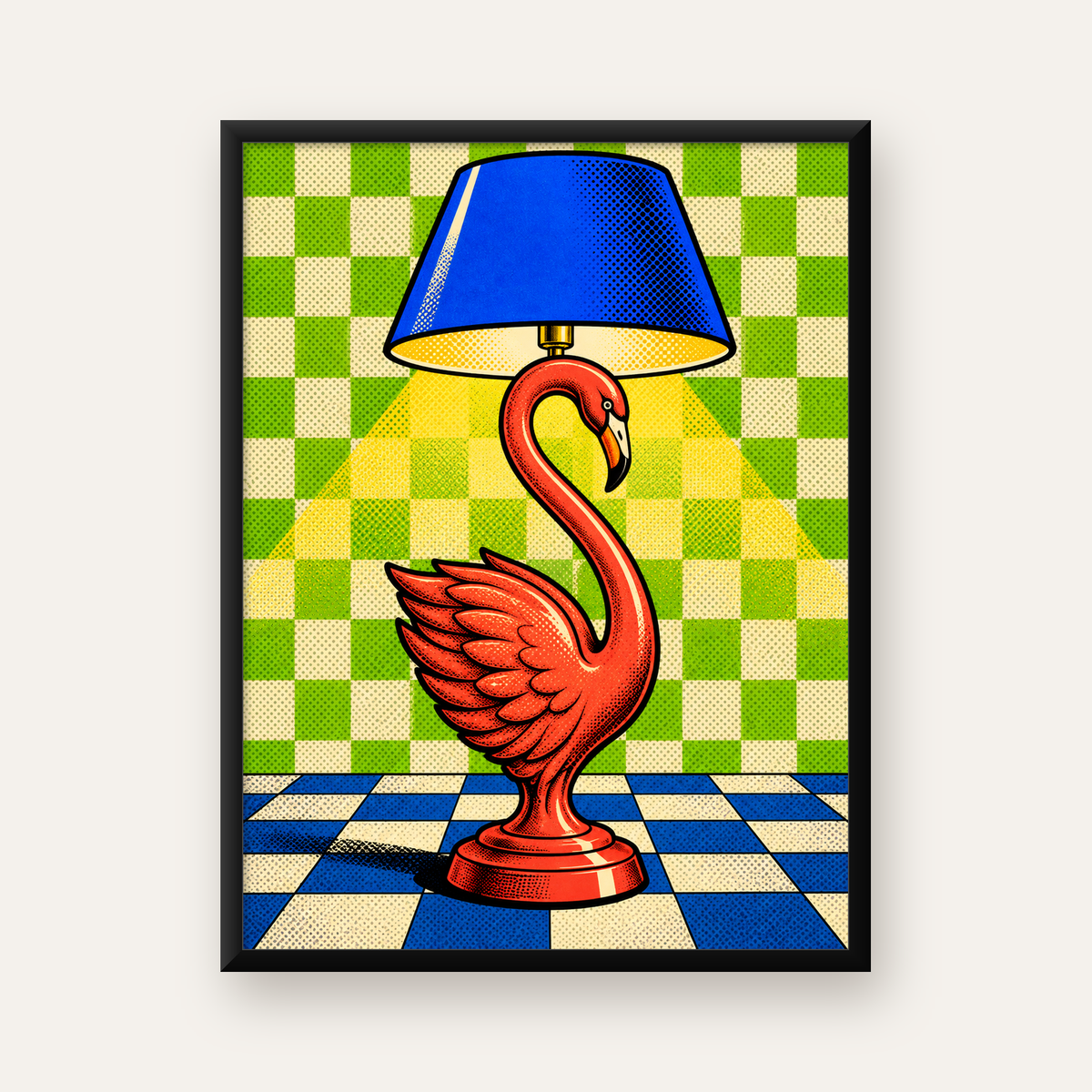 Flamingolu Masa Lambası Pop-Art Poster – Renkli Baskı — Dikey baskı, düz siyah çerçeveli duvar posteri