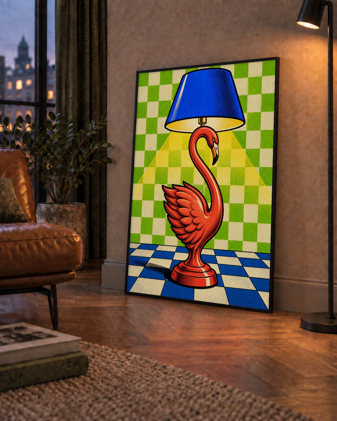 Pop Art Kırmızı Kuğu Lamba Poster – Renkli Çizgi Roman Tasarımı — çerçeveli hâliyle bir ev duvarında