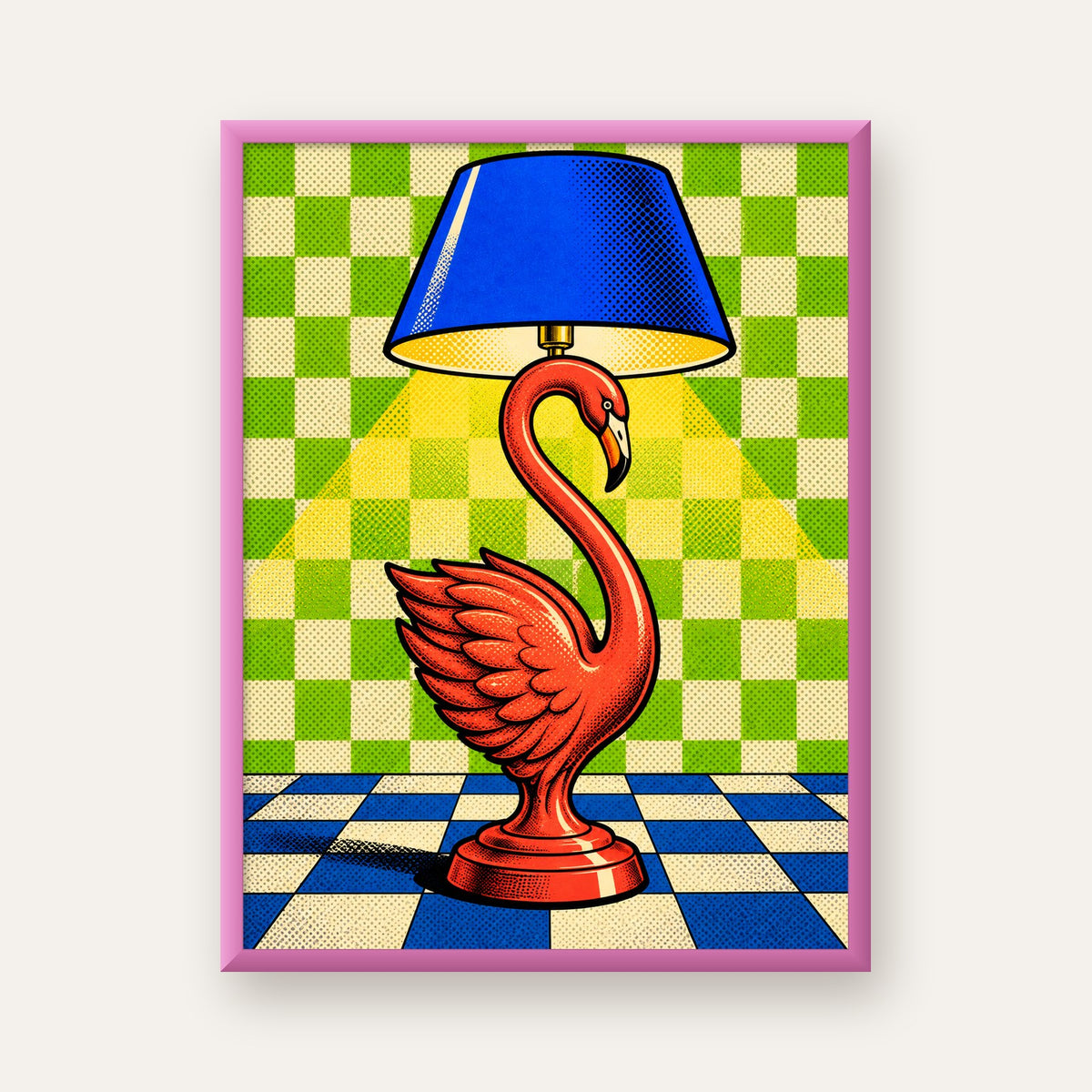 Pop Art Kırmızı Kuğu Lamba Poster – Renkli Çizgi Roman Tasarımı — pembe çerçeveli
