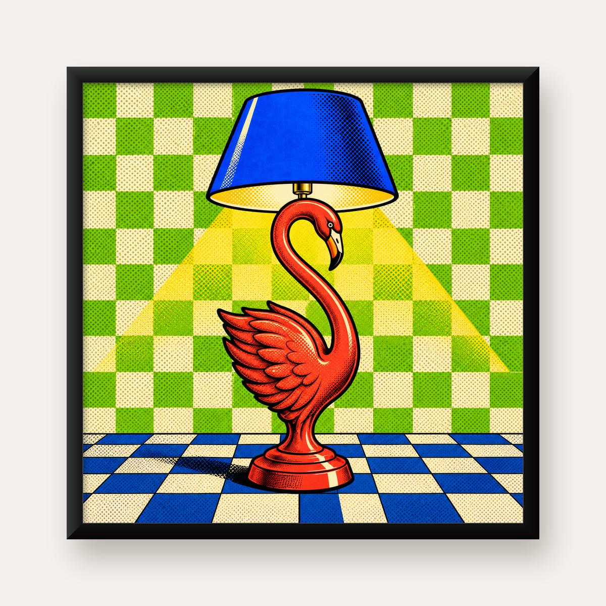 Flamingolu Masa Lambası Pop-Art Poster – Renkli Baskı — Kare baskı, düz siyah çerçeveli duvar posteri
