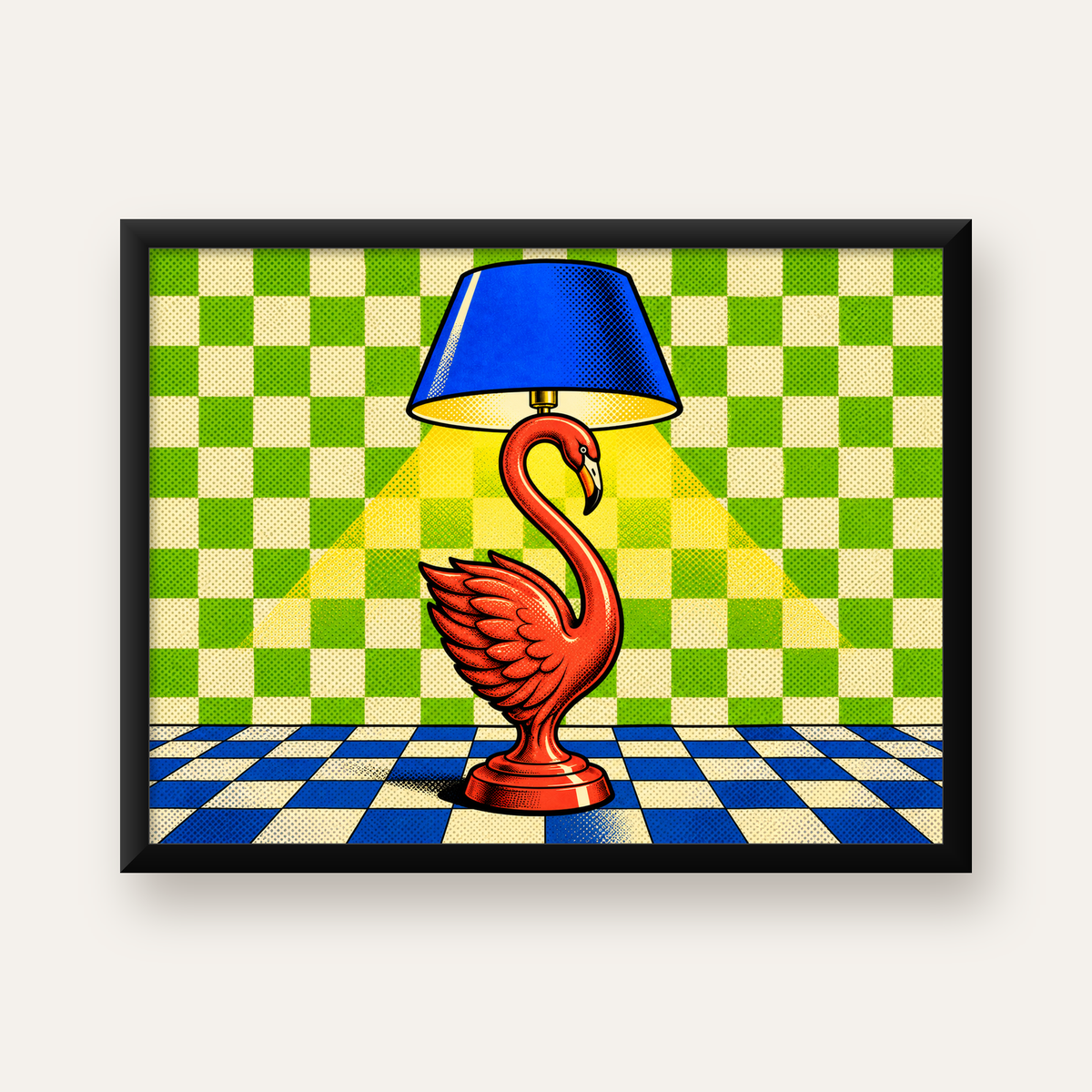 Flamingolu Masa Lambası Pop-Art Poster – Renkli Baskı — Yatay baskı, düz siyah çerçeveli duvar posteri