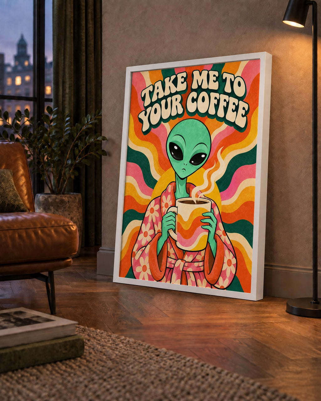 Uzaylı ve Kahve Mizahı: Renkli Retro Poster Dekoru