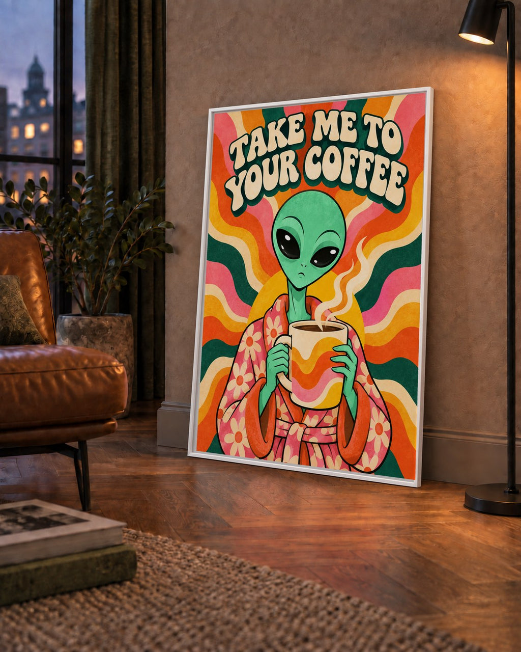 Uzaylı ve Kahve Mizahı: Renkli Retro Poster Dekoru