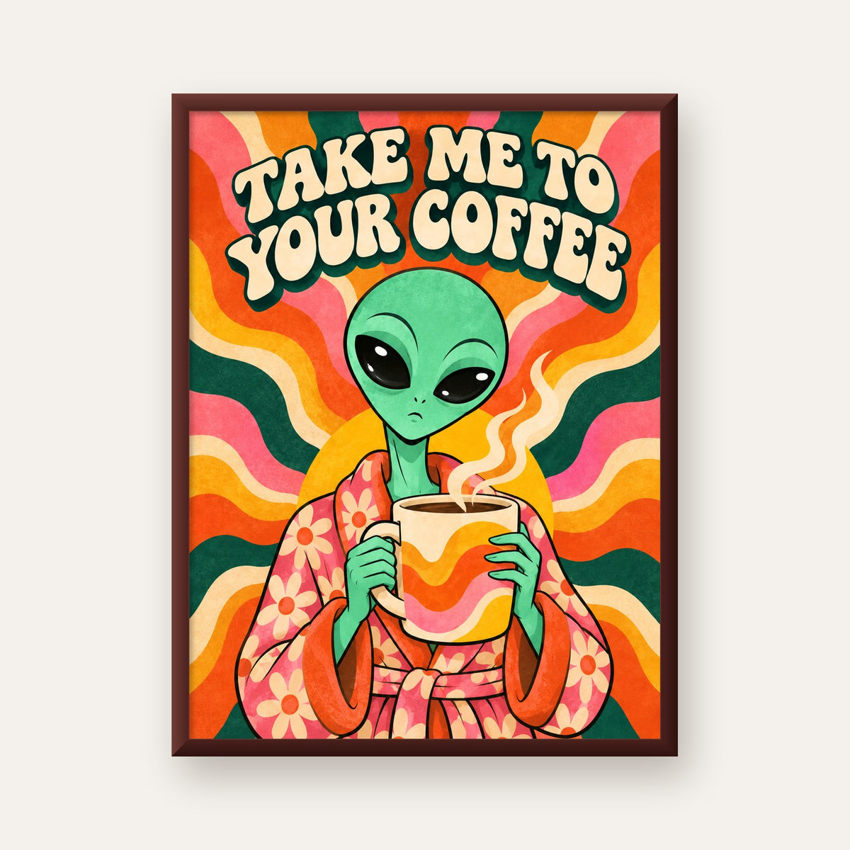 Uzaylı ve Kahve Mizahı: Renkli Retro Poster Dekoru — ceviz çerçeveli