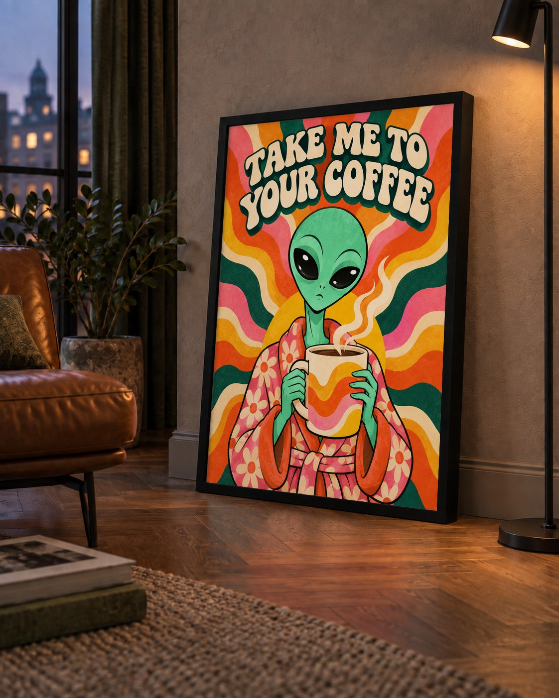 Uzaylı ve Kahve Mizahı: Renkli Retro Poster Dekoru