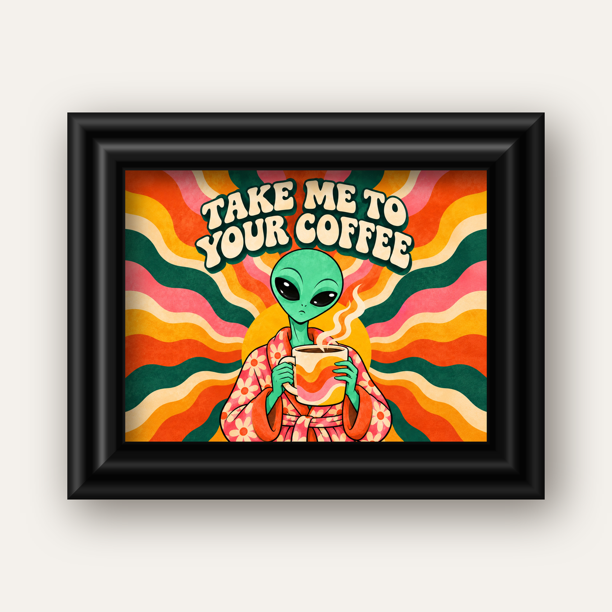 Uzaylı ve Kahve Mizahı: Renkli Retro Poster Dekoru — siyah galeri çerçeveli