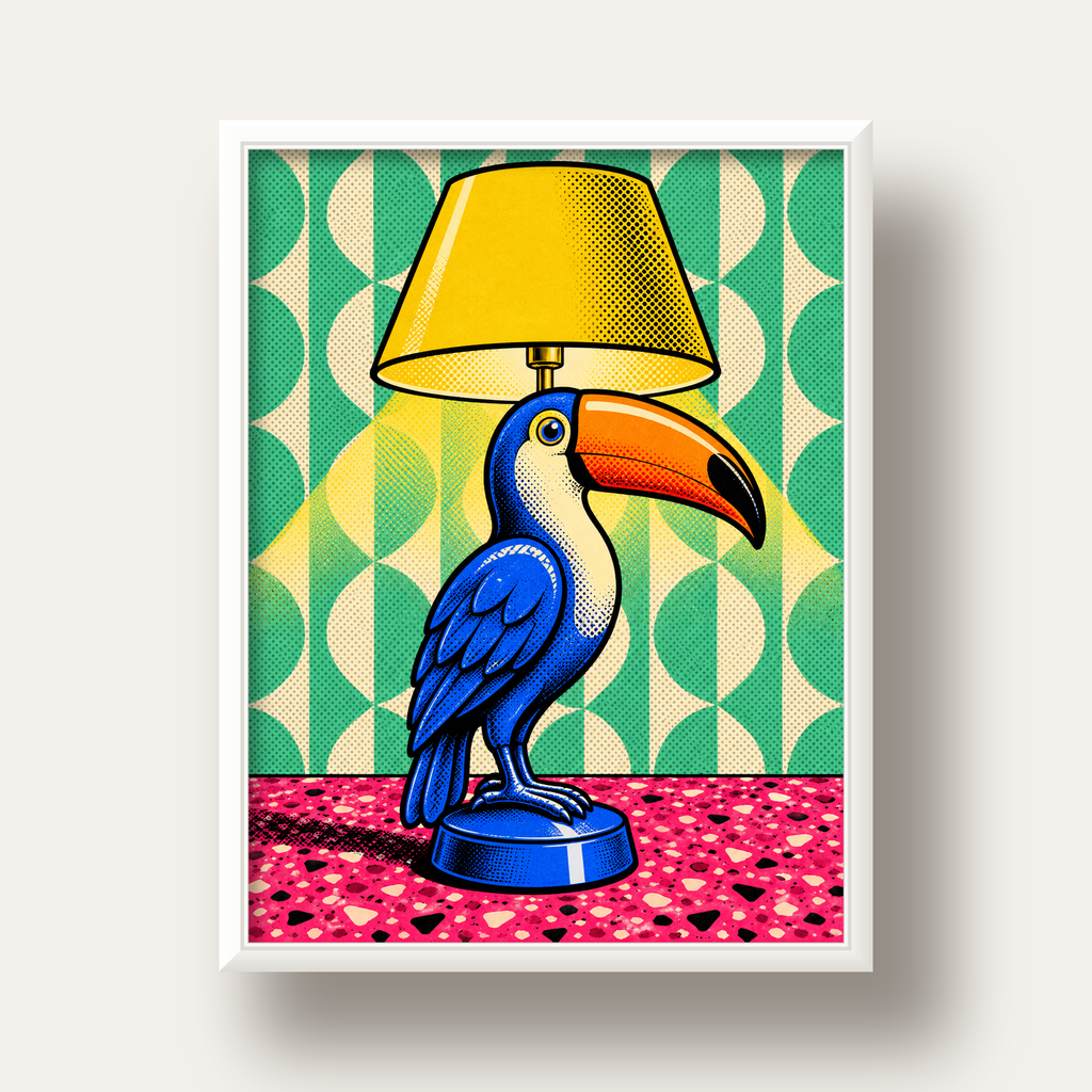 Tukan Şeklinde Pop-Art Masa Lambası Poster – Canlı Vektörel Tasarım — beyaz derin çerçeveli