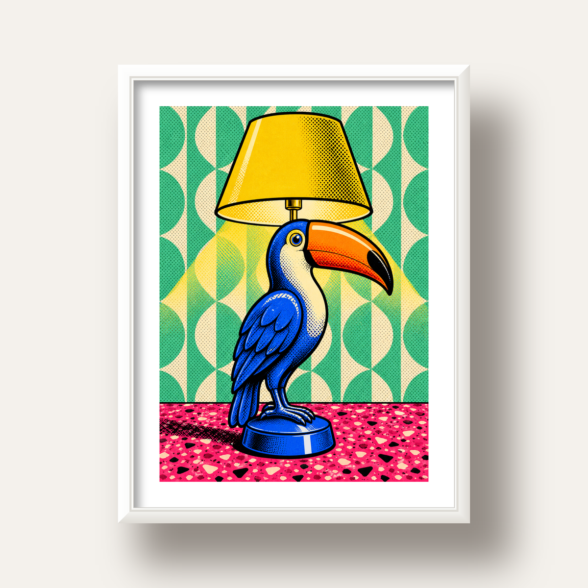 Tukan Şeklinde Pop-Art Masa Lambası Poster – Canlı Vektörel Tasarım — beyaz derin çerçeveli paspartulu