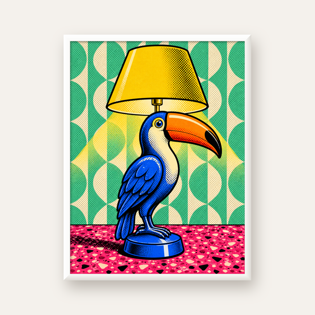 Tukan Şeklinde Pop-Art Masa Lambası Poster – Canlı Vektörel Tasarım — beyaz çerçeveli dikey poster