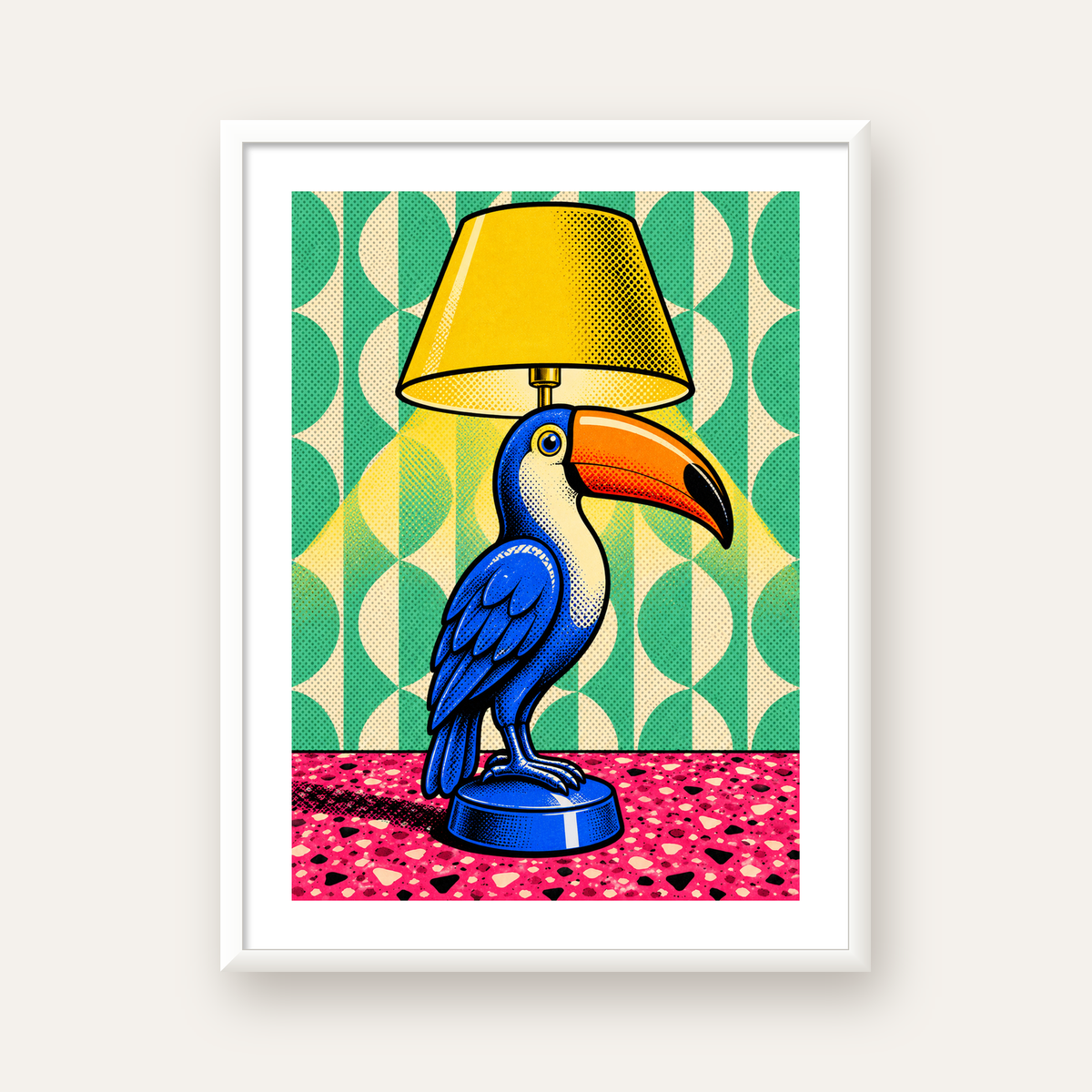 Tukan Şeklinde Pop-Art Masa Lambası Poster – Canlı Vektörel Tasarım — beyaz çerçeveli dikey poster