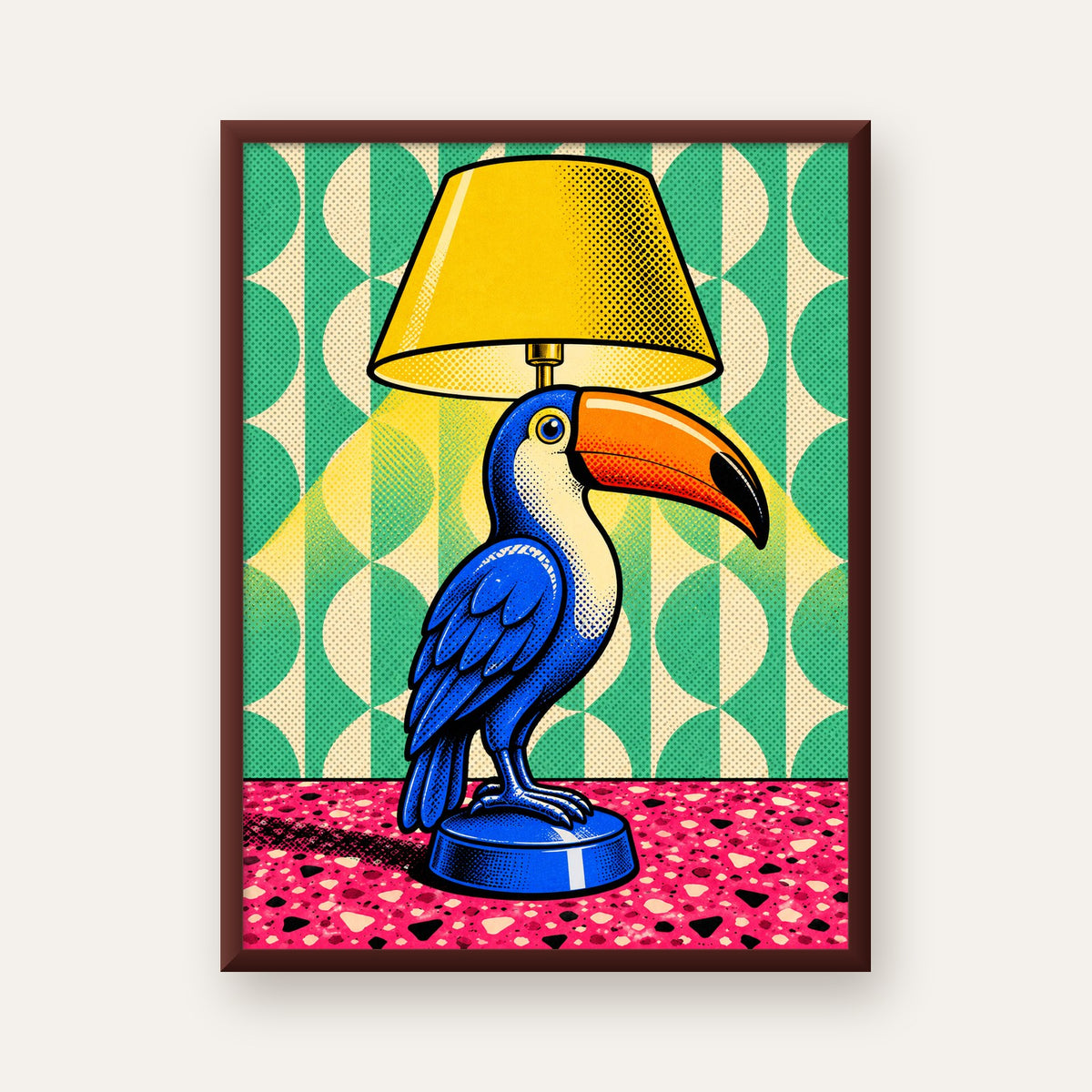 Tukan Şeklinde Pop-Art Masa Lambası Poster – Canlı Vektörel Tasarım — ceviz çerçeveli