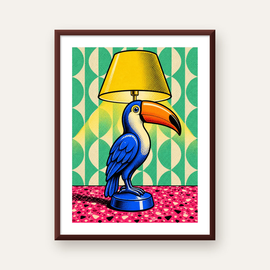 Tukan Şeklinde Pop-Art Masa Lambası Poster – Canlı Vektörel Tasarım — ceviz çerçeveli paspartulu