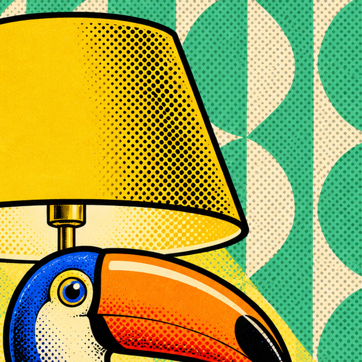 Tukan Şeklinde Pop-Art Masa Lambası Poster – Canlı Vektörel Tasarım — baskının yakın çekimi, kâğıt dokusu ve renk detayı