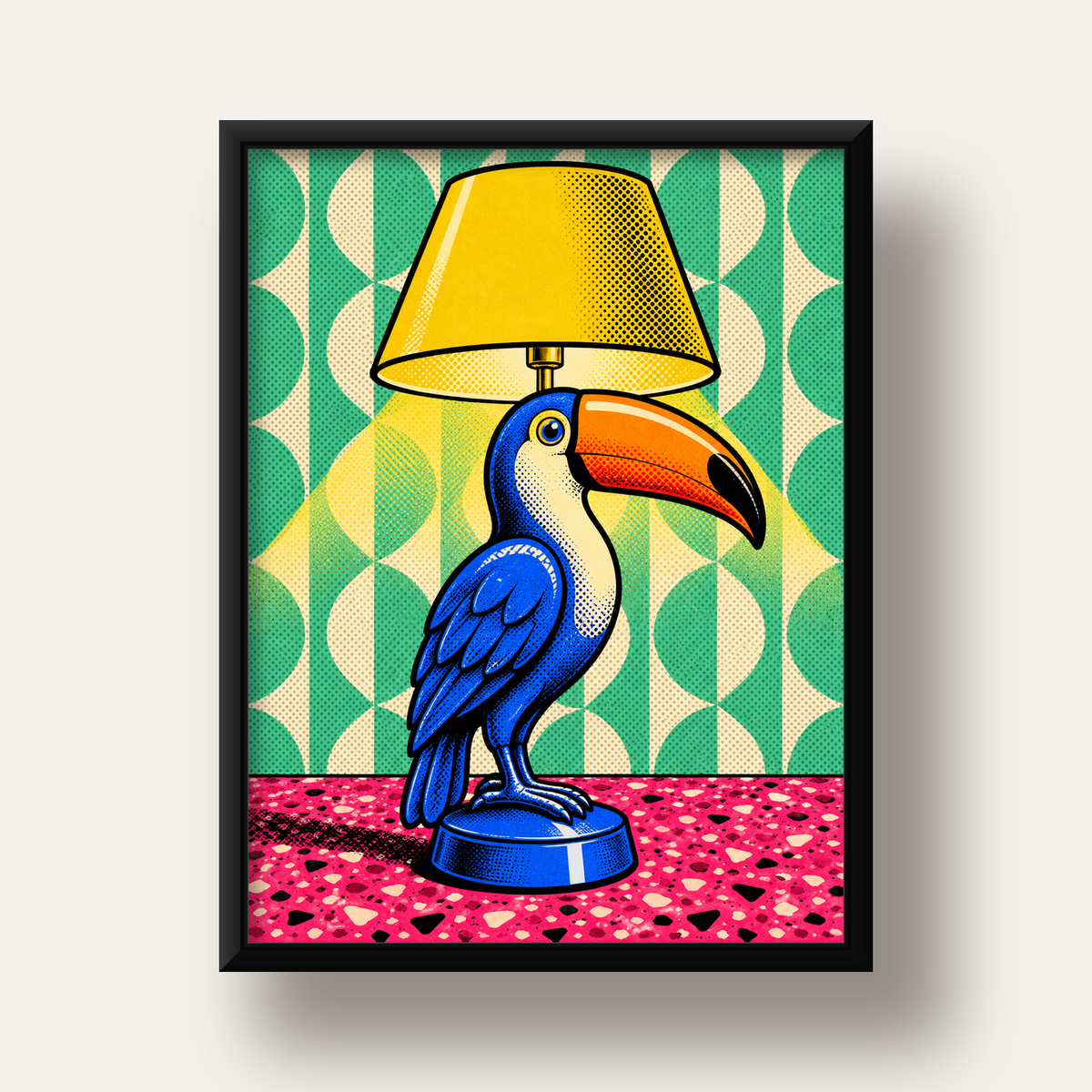 Tukan Şeklinde Pop-Art Masa Lambası Poster – Canlı Vektörel Tasarım — siyah derin çerçeveli