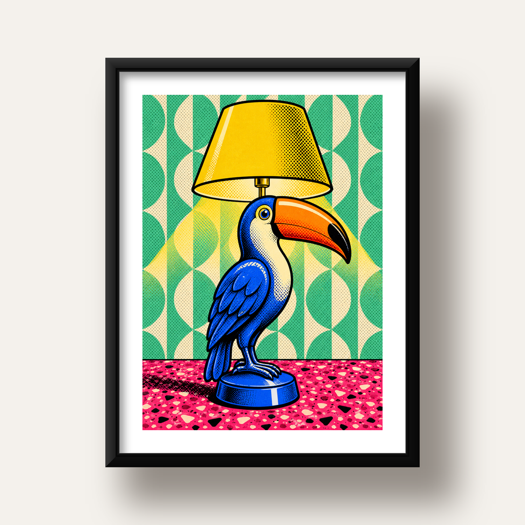 Tukan Şeklinde Pop-Art Masa Lambası Poster – Canlı Vektörel Tasarım — siyah derin çerçeveli paspartulu